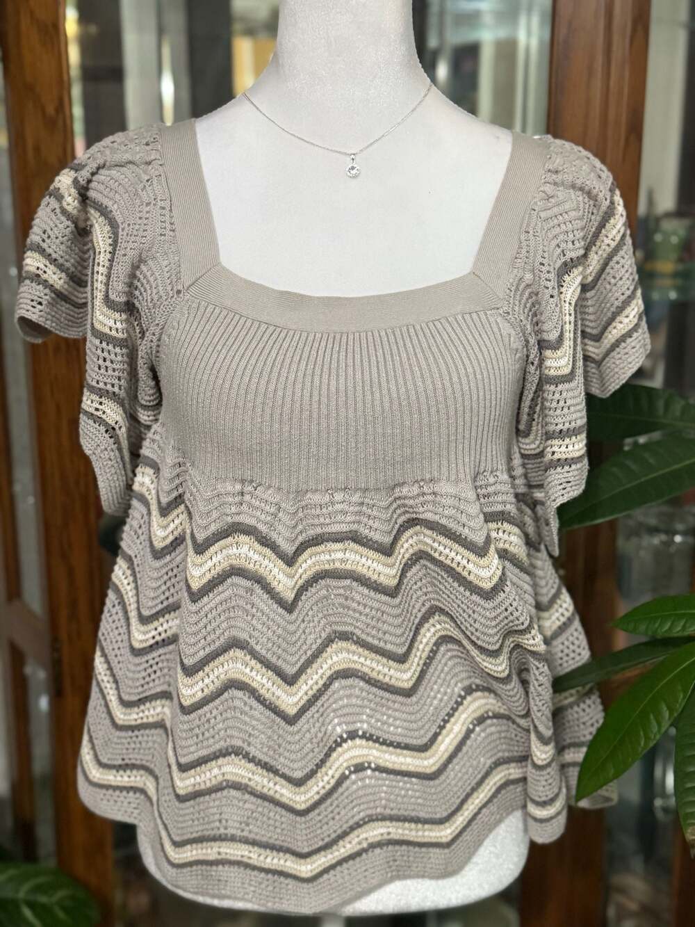 Free People Chevron Crochet Knit Flutter Sleeve Boho Top